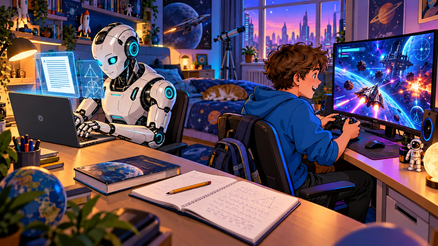 Chlapec v pokoji hraje počítačovou hru, zatímco robot za něj u notebooku píše domácí úkol