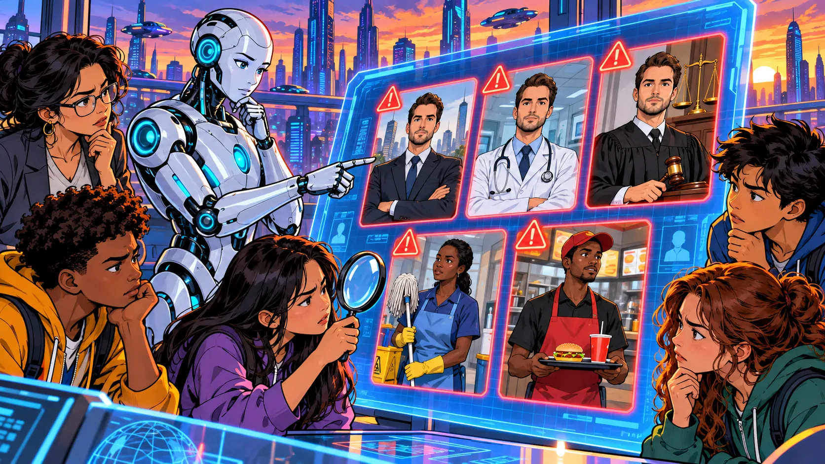 Žáci s robotem kriticky zkoumají obrazovku, na které AI zobrazuje ředitele, lékaře a soudce jako světlé muže, zatímco uklízečku a pracovníka fastfoodu jako lidi s tmavší pletí