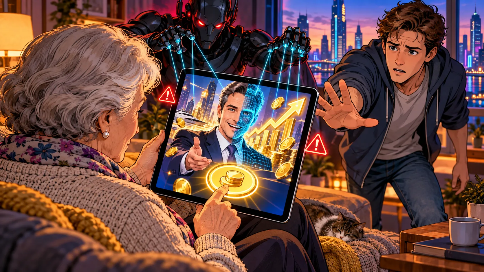 Seniorka na tabletu sleduje falešnou investiční reklamu s usměvavým moderátorem, kterého jako loutku ovládá temný robot, a vnuk se ji snaží zastavit, než klikne na tlačítko investovat