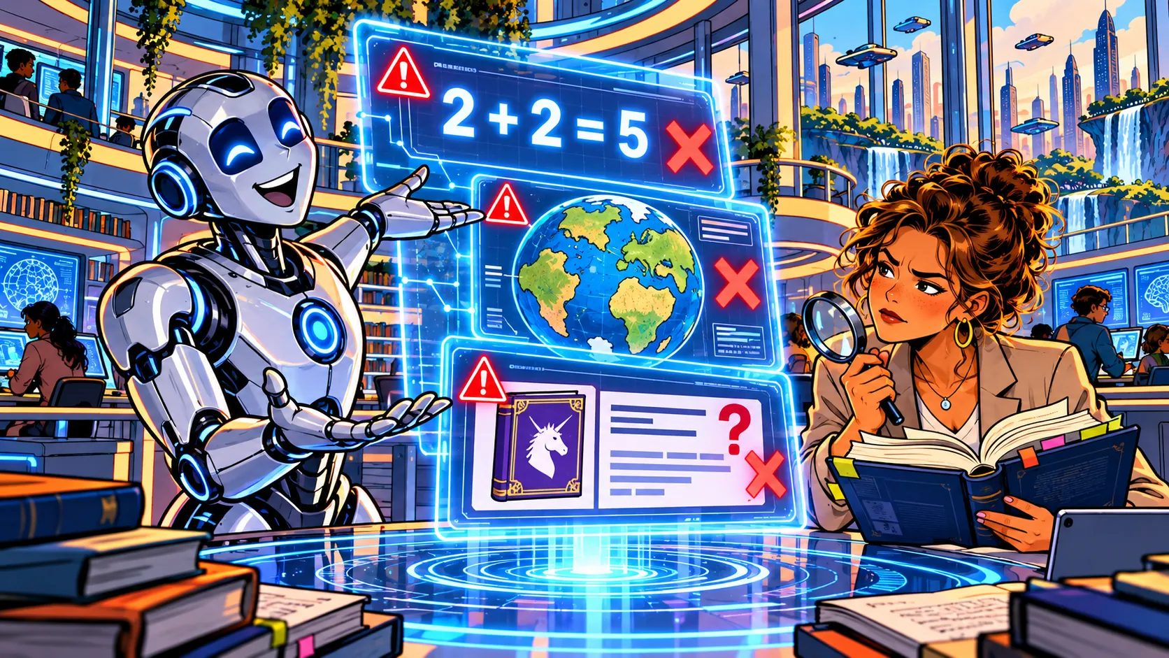 Usměvavý robot sebejistě ukazuje chybné výsledky, jako 2 + 2 = 5, a učitelka je kontroluje lupou