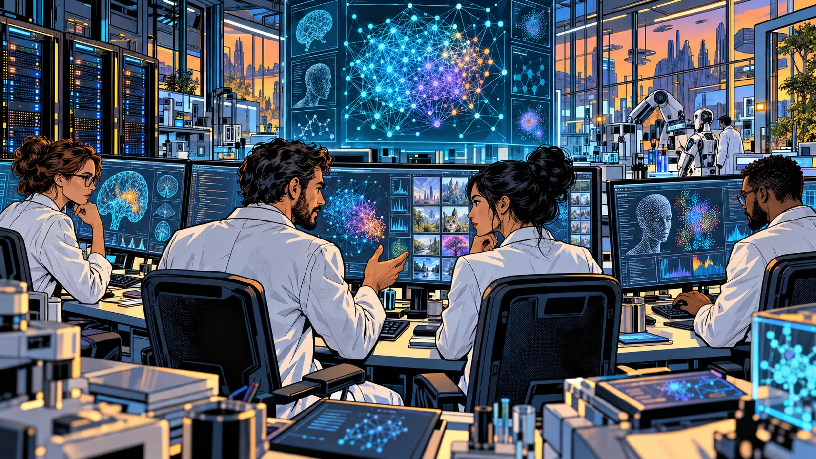 Vědci v laboratoři analyzují neuronové sítě na monitorech