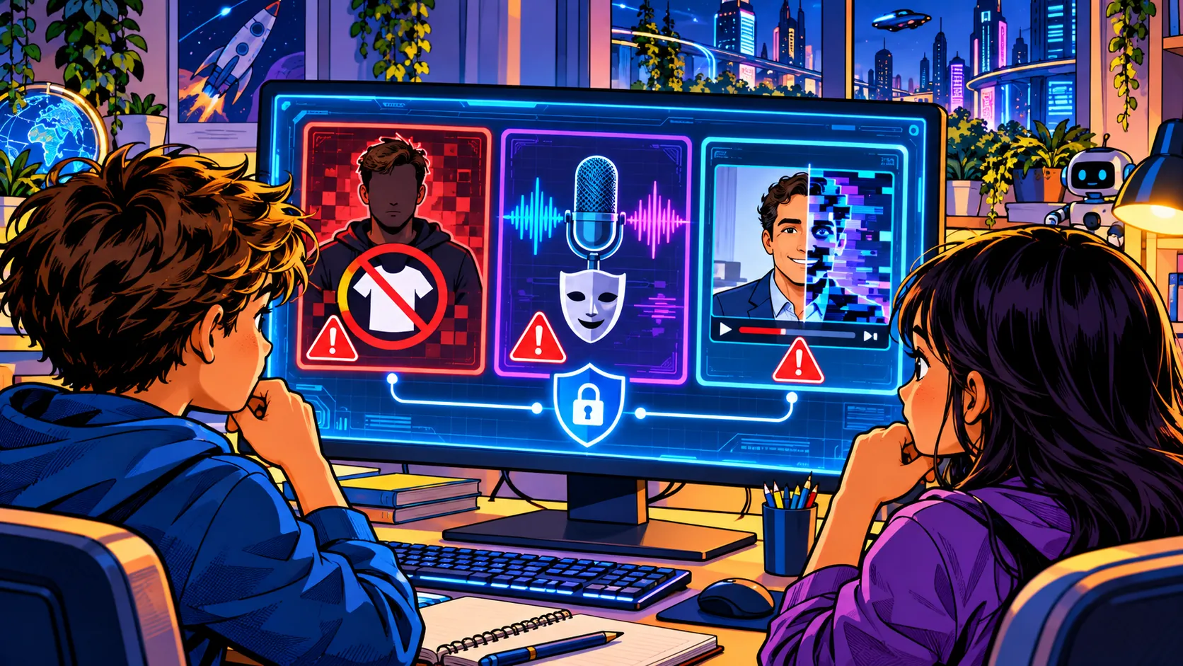 Dvě děti sledují na monitoru varování před svlékací aplikací, klonovaným hlasem a deepfake videem