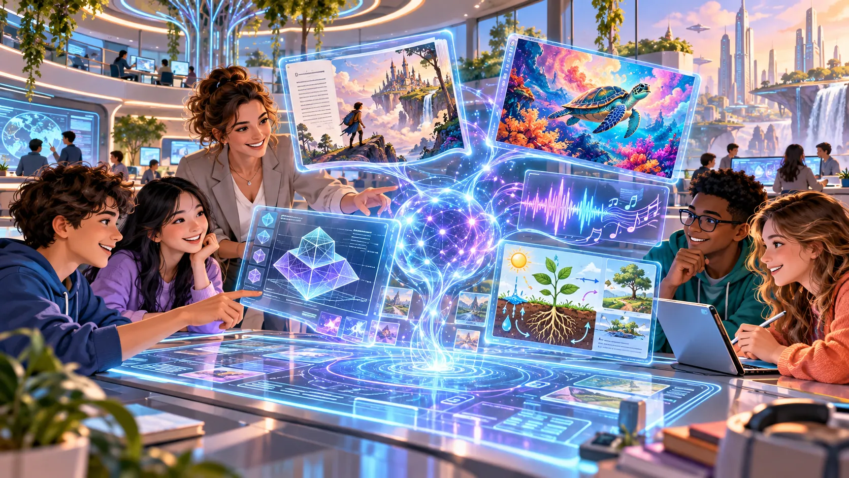 Učitelka a žáci ve třídě budoucnosti pracují s hologramy, které vytváří umělá inteligence